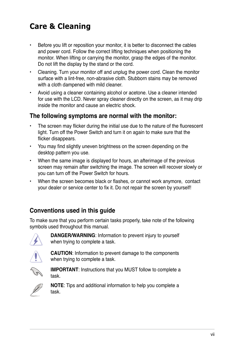 Care & cleaning, The following symptoms are normal with the monitor, Conventions used in this guide | Asus VW223T User Manual | Page 7 / 30