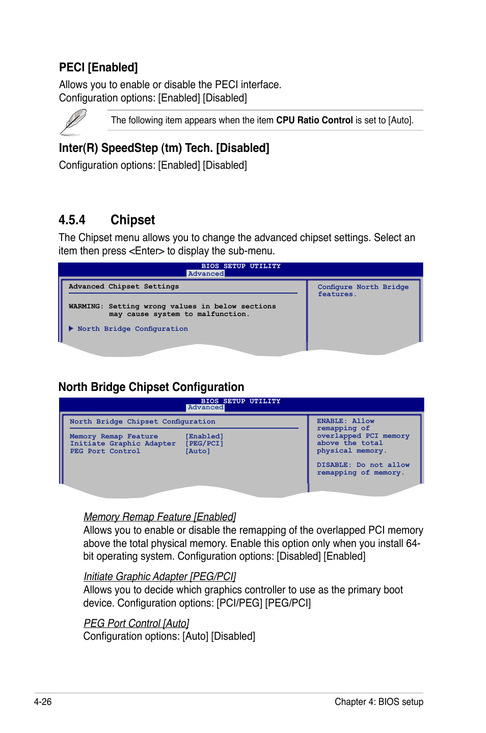 4 chipset, Peci [enabled, Inter(r) speedstep (tm) tech. [disabled | North bridge chipset configuration, Configuration options: [enabled] [disabled | Asus Blitz Formula (Special Edition) User Manual | Page 100 / 166