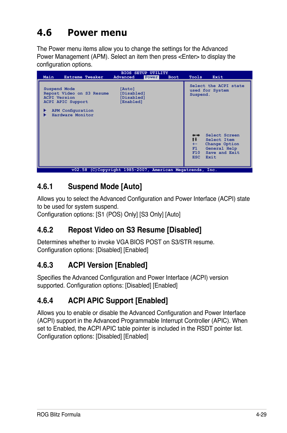 6 power menu, 1 suspend mode [auto, 2 repost video on s3 resume [disabled | 3 acpi version [enabled, 4 acpi apic support [enabled | Asus Blitz Formula (Special Edition) User Manual | Page 103 / 166
