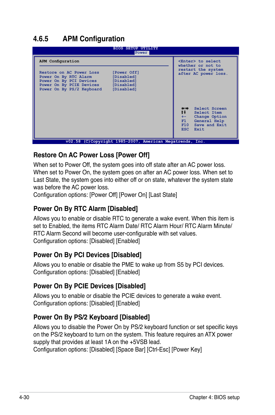 5 apm configuration, Restore on ac power loss [power off, Power on by rtc alarm [disabled | Power on by pci devices [disabled, Power on by pcie devices [disabled, Power on by ps/2 keyboard [disabled | Asus Blitz Formula (Special Edition) User Manual | Page 104 / 166