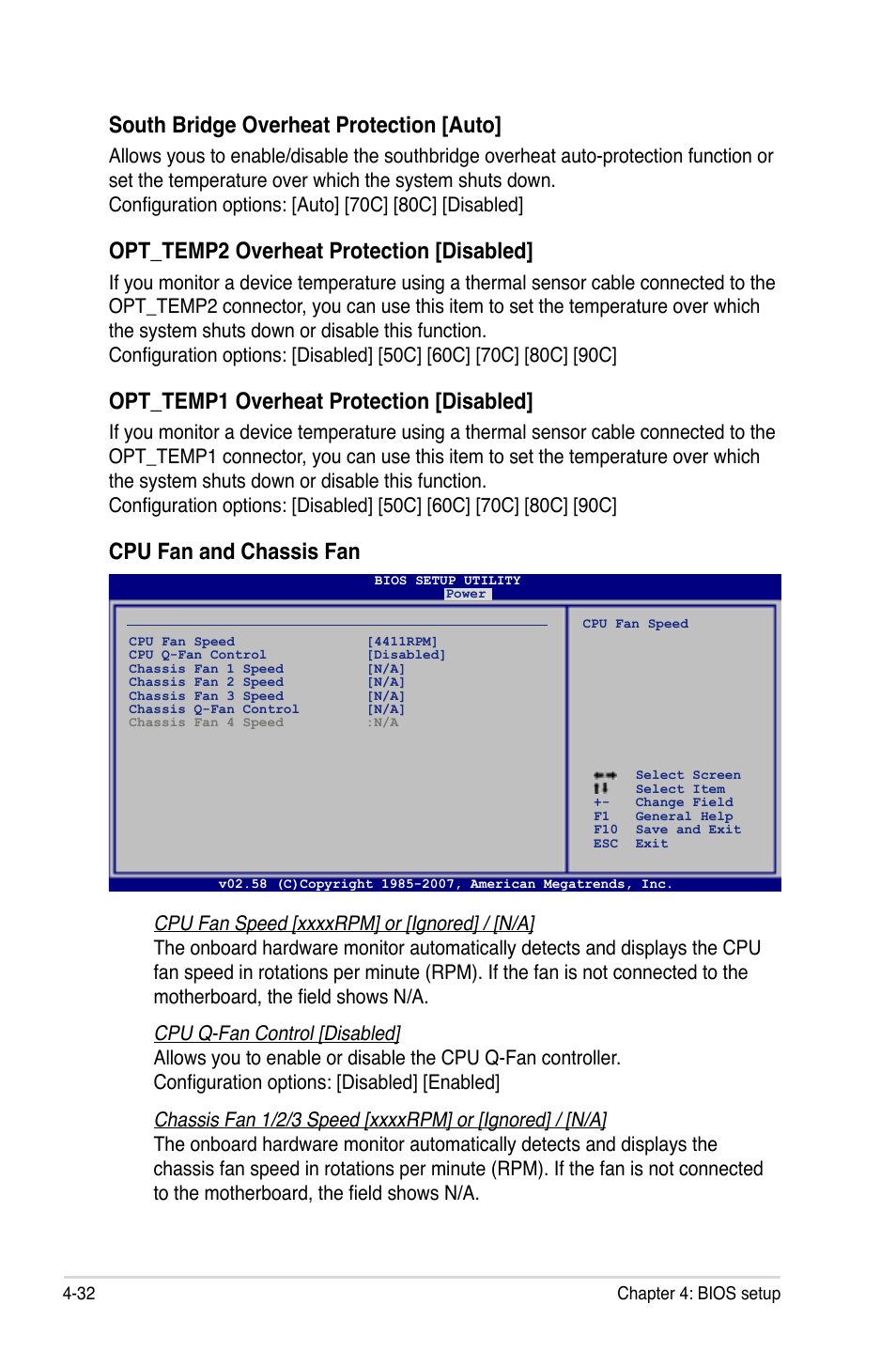 South bridge overheat protection [auto, Opt_temp2 overheat protection [disabled, Opt_temp1 overheat protection [disabled | Cpu fan and chassis fan | Asus Blitz Formula (Special Edition) User Manual | Page 106 / 166