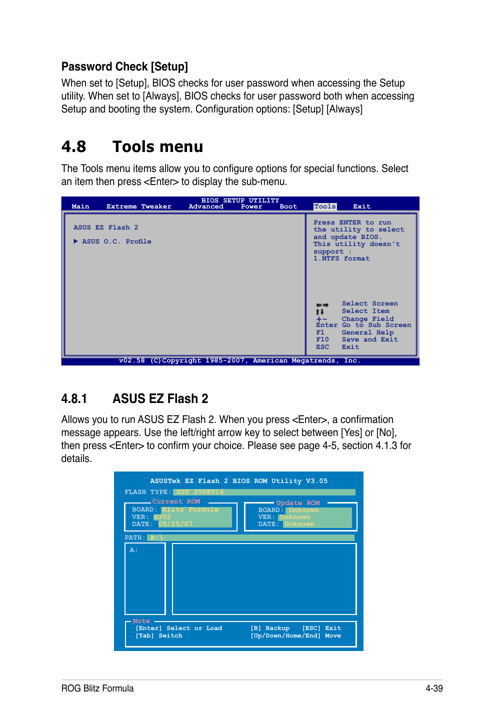 8 tools menu, 1 asus ez flash 2, Password check [setup | Asus Blitz Formula (Special Edition) User Manual | Page 113 / 166