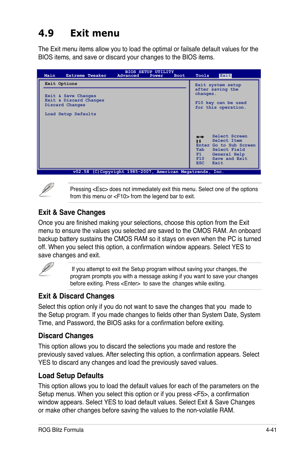 9 exit menu, Exit & save changes, Exit & discard changes | Discard changes, Load setup defaults | Asus Blitz Formula (Special Edition) User Manual | Page 115 / 166