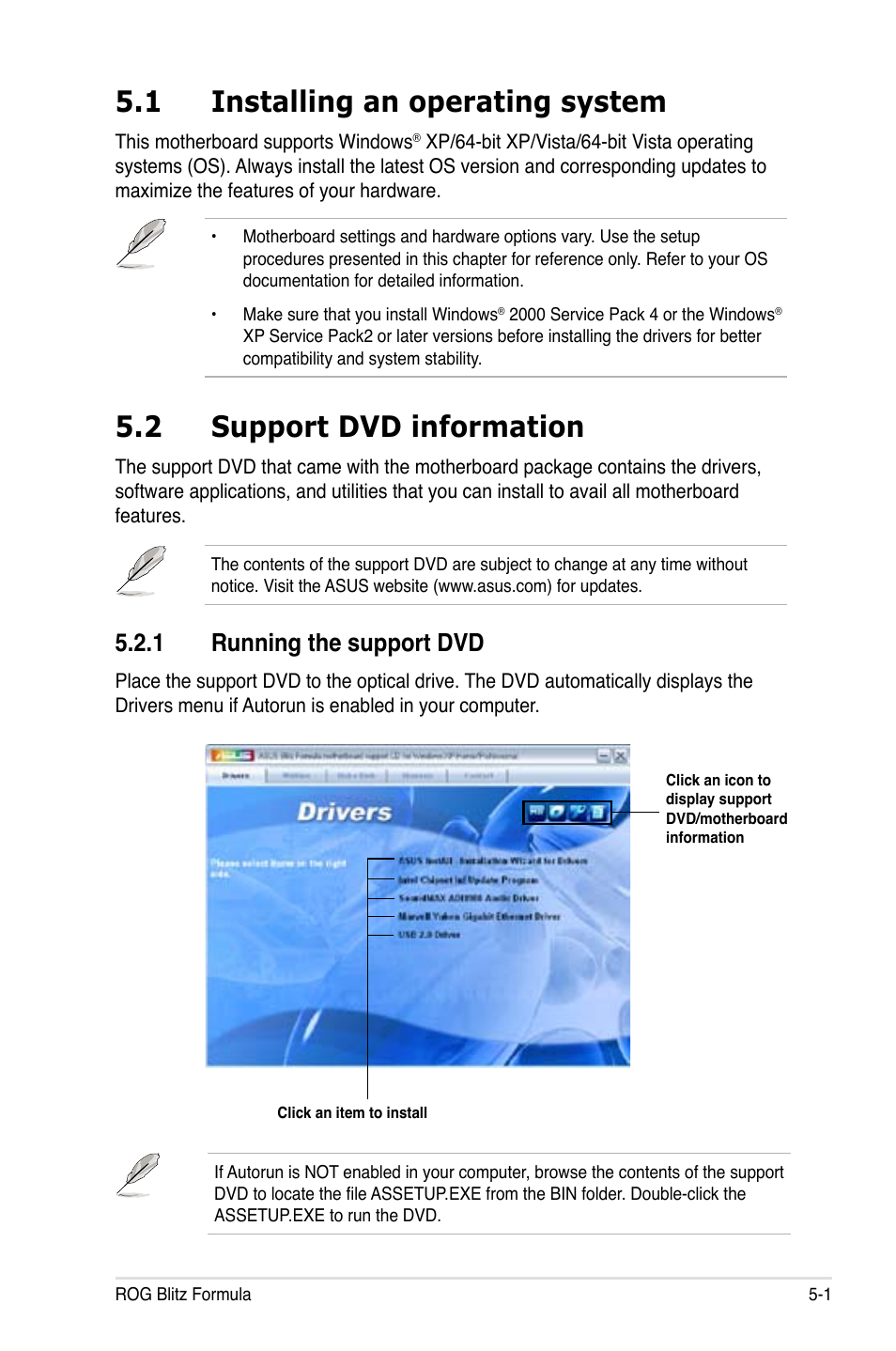 1 installing an operating system, 2 support dvd information, 1 running the support dvd | Asus Blitz Formula (Special Edition) User Manual | Page 119 / 166