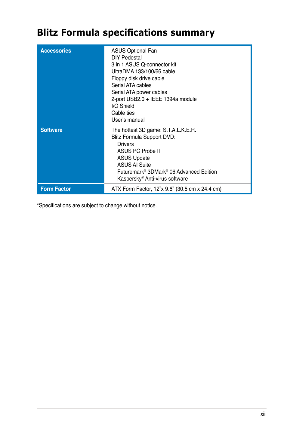 Blitz formula specifications summary | Asus Blitz Formula (Special Edition) User Manual | Page 13 / 166