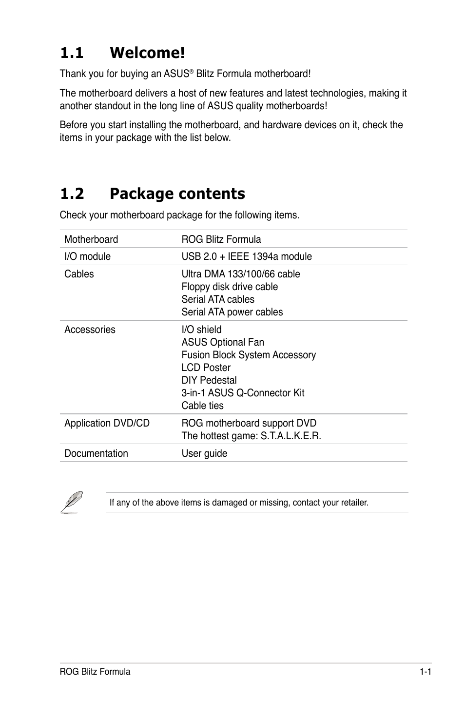 1 welcome, 2 package contents | Asus Blitz Formula (Special Edition) User Manual | Page 17 / 166