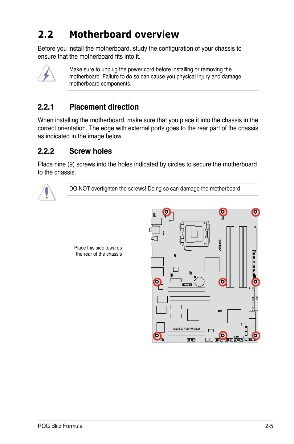 2 motherboard overview, 1 placement direction, 2 screw holes | Asus Blitz Formula (Special Edition) User Manual | Page 31 / 166