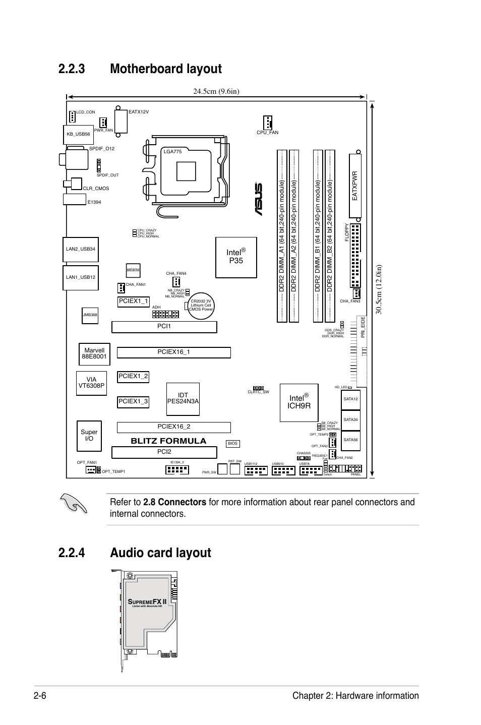 3 motherboard layout, 4 audio card layout, 6 chapter 2: hardware information | Blitz formula, Intel, Ich9r | Asus Blitz Formula (Special Edition) User Manual | Page 32 / 166