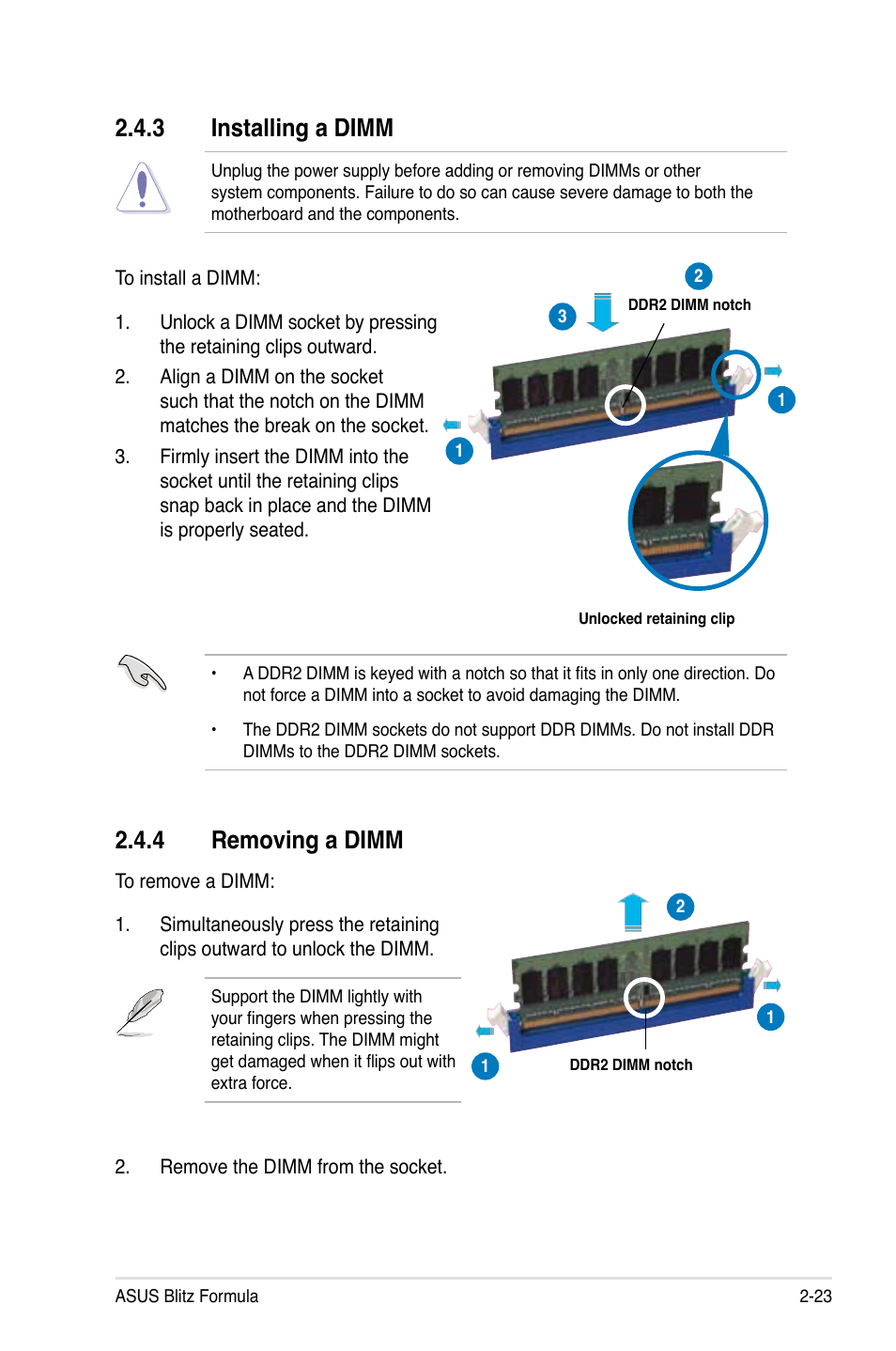 3 installing a dimm, 4 removing a dimm | Asus Blitz Formula (Special Edition) User Manual | Page 49 / 166