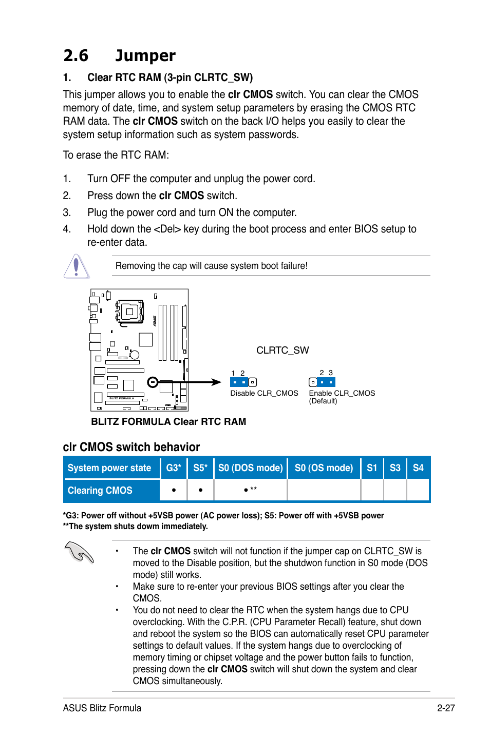 6 jumper, Clr cmos switch behavior | Asus Blitz Formula (Special Edition) User Manual | Page 53 / 166