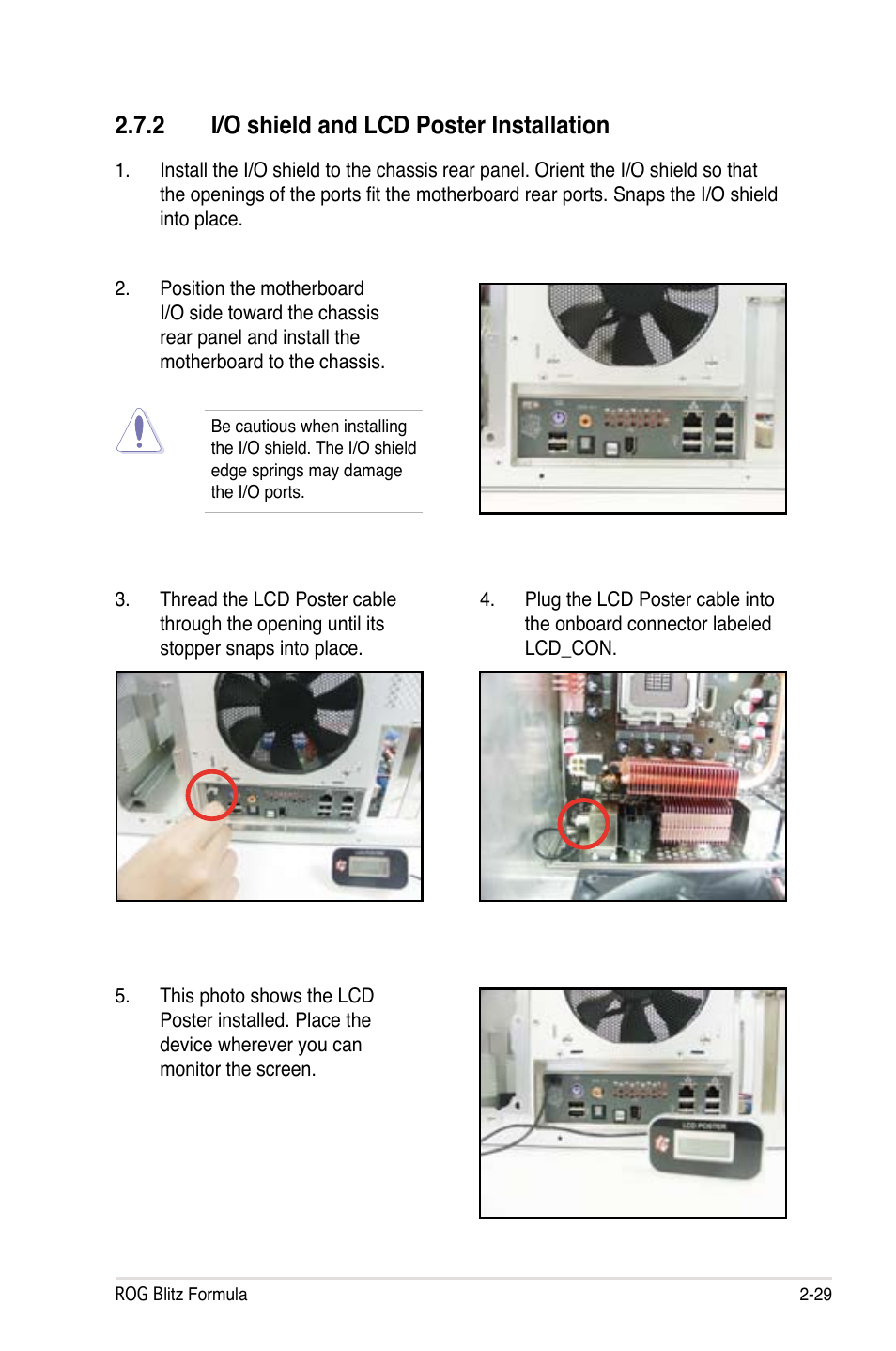 2 i/o shield and lcd poster installation | Asus Blitz Formula (Special Edition) User Manual | Page 55 / 166