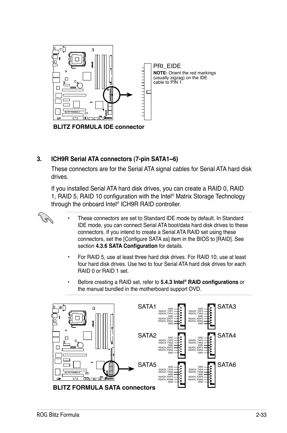 Ich9r raid controller, Blitz formula ide connector, Pri_eide | Blitz formula sata connectors, Sata1, Sata3, Sata2, Sata4, Sata5, Sata6 | Asus Blitz Formula (Special Edition) User Manual | Page 59 / 166