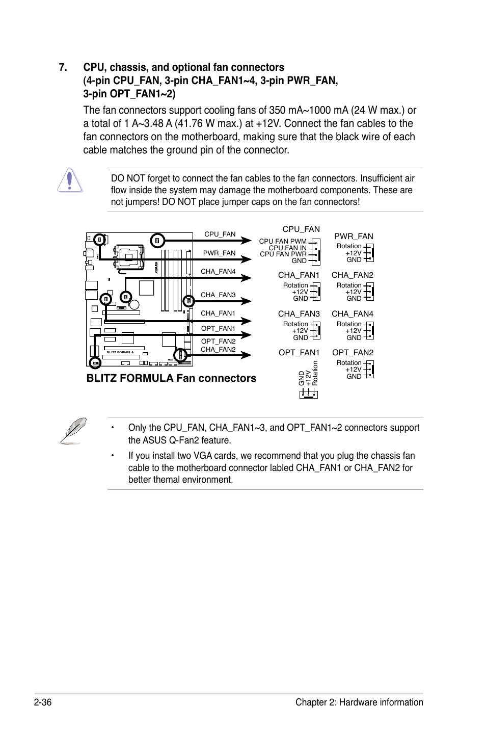 Blitz formula fan connectors, 36 chapter 2: hardware information | Asus Blitz Formula (Special Edition) User Manual | Page 62 / 166