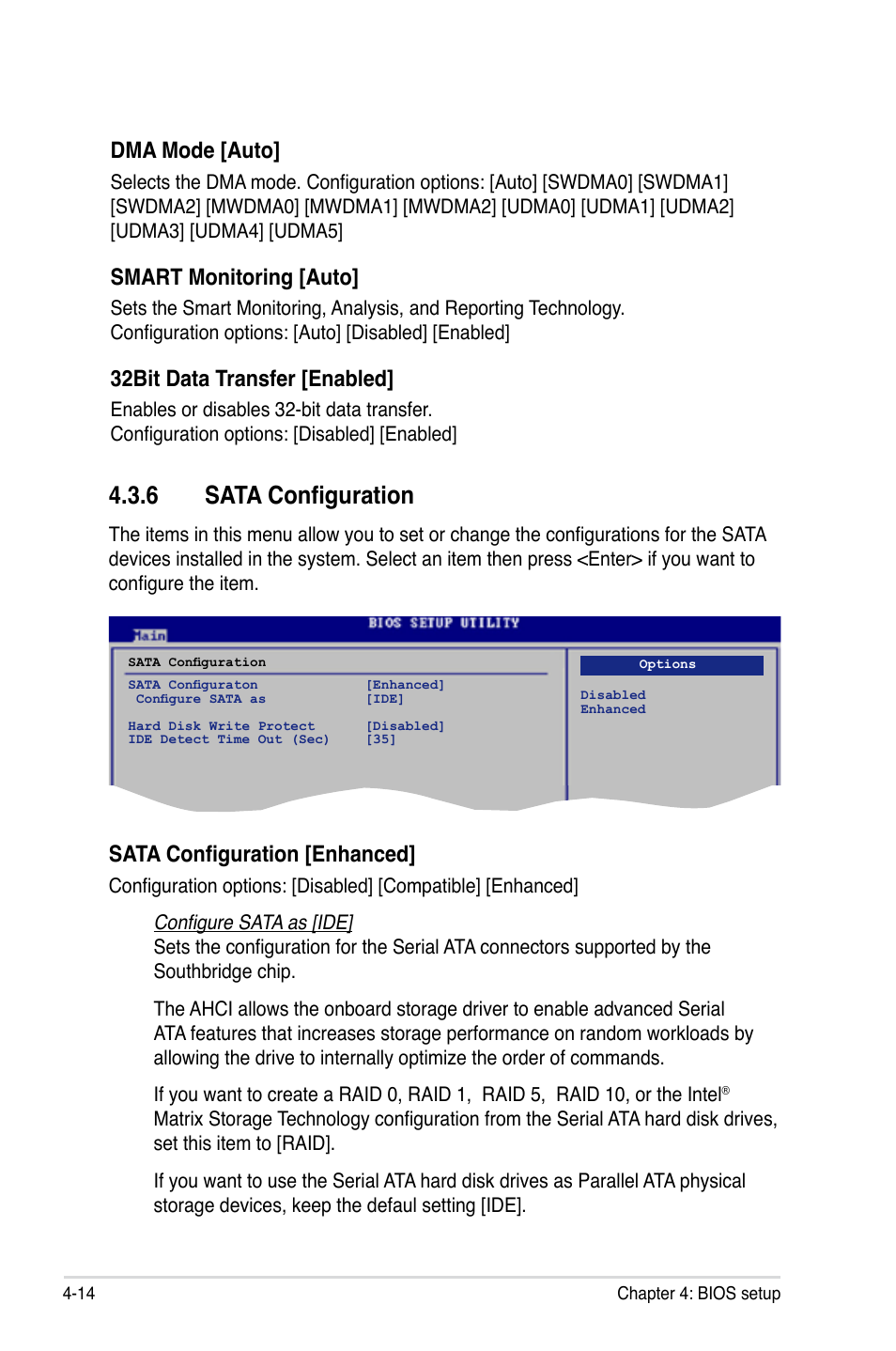 6 sata configuration, Dma mode [auto, Smart monitoring [auto | 32bit data transfer [enabled, Sata configuration [enhanced | Asus Blitz Formula (Special Edition) User Manual | Page 88 / 166