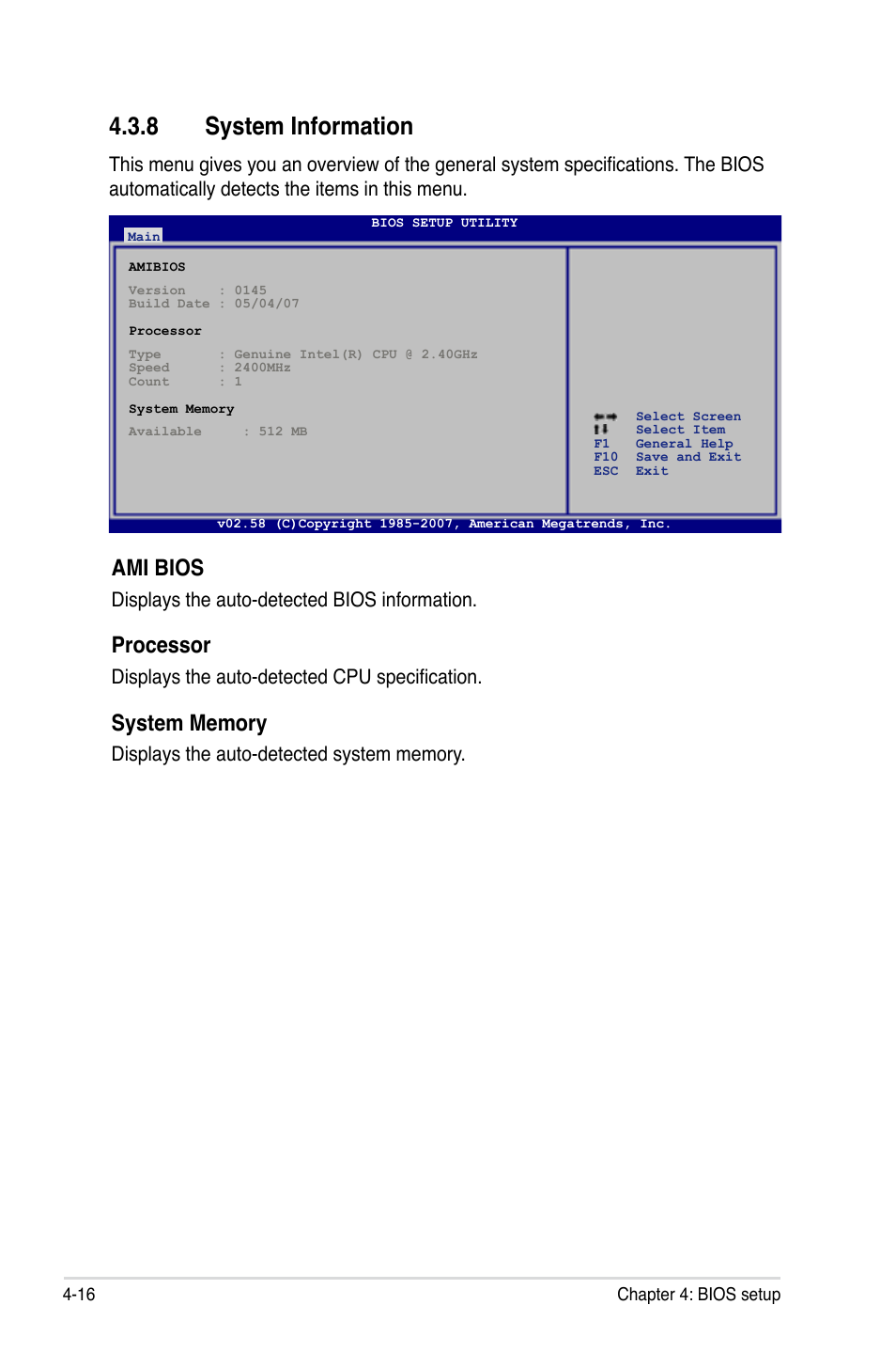 8 system information, Ami bios, Processor | Displays the auto-detected bios information, Displays the auto-detected cpu specification | Asus Blitz Formula (Special Edition) User Manual | Page 90 / 166