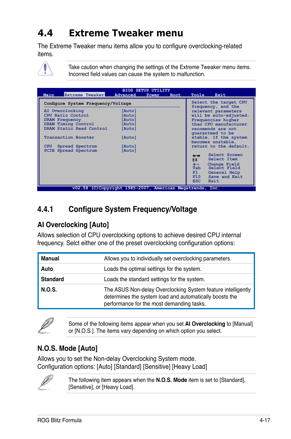 4 extreme tweaker menu, 1 configure system frequency/voltage, Ai overclocking [auto | N.o.s. mode [auto | Asus Blitz Formula (Special Edition) User Manual | Page 91 / 166