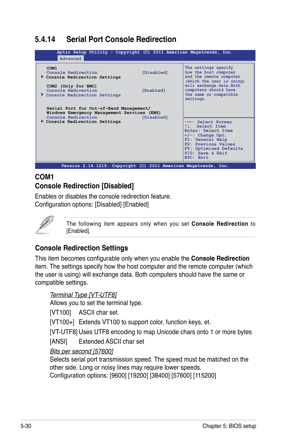 14 serial port console redirection, 14 serial port console redirection -30, Console redirection settings | Com1 console redirection [disabled | Asus RS726Q-E7/RS12 User Manual | Page 102 / 202