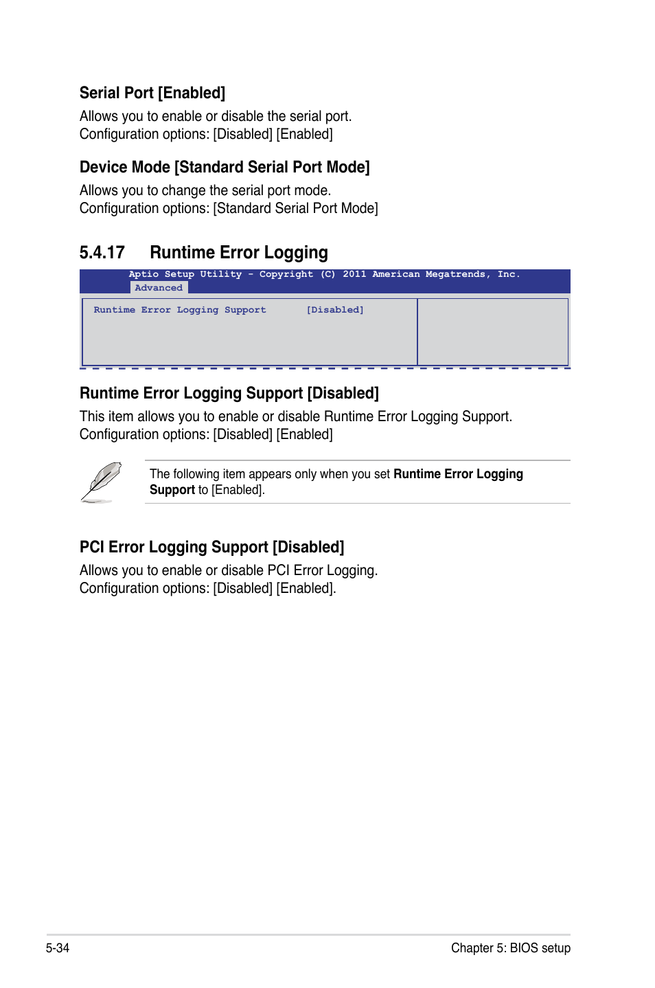 17 runtime error logging, 17 runtime error logging -34, Runtime error logging support [disabled | Serial port [enabled, Device mode [standard serial port mode, Pci error logging support [disabled | Asus RS726Q-E7/RS12 User Manual | Page 106 / 202