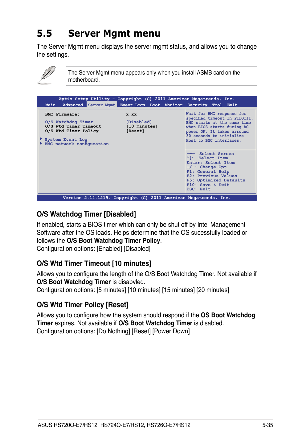 5 server mgmt menu, Server mgmt menu -35, O/s watchdog timer [disabled | O/s wtd timer timeout [10 minutes, O/s wtd timer policy [reset | Asus RS726Q-E7/RS12 User Manual | Page 107 / 202