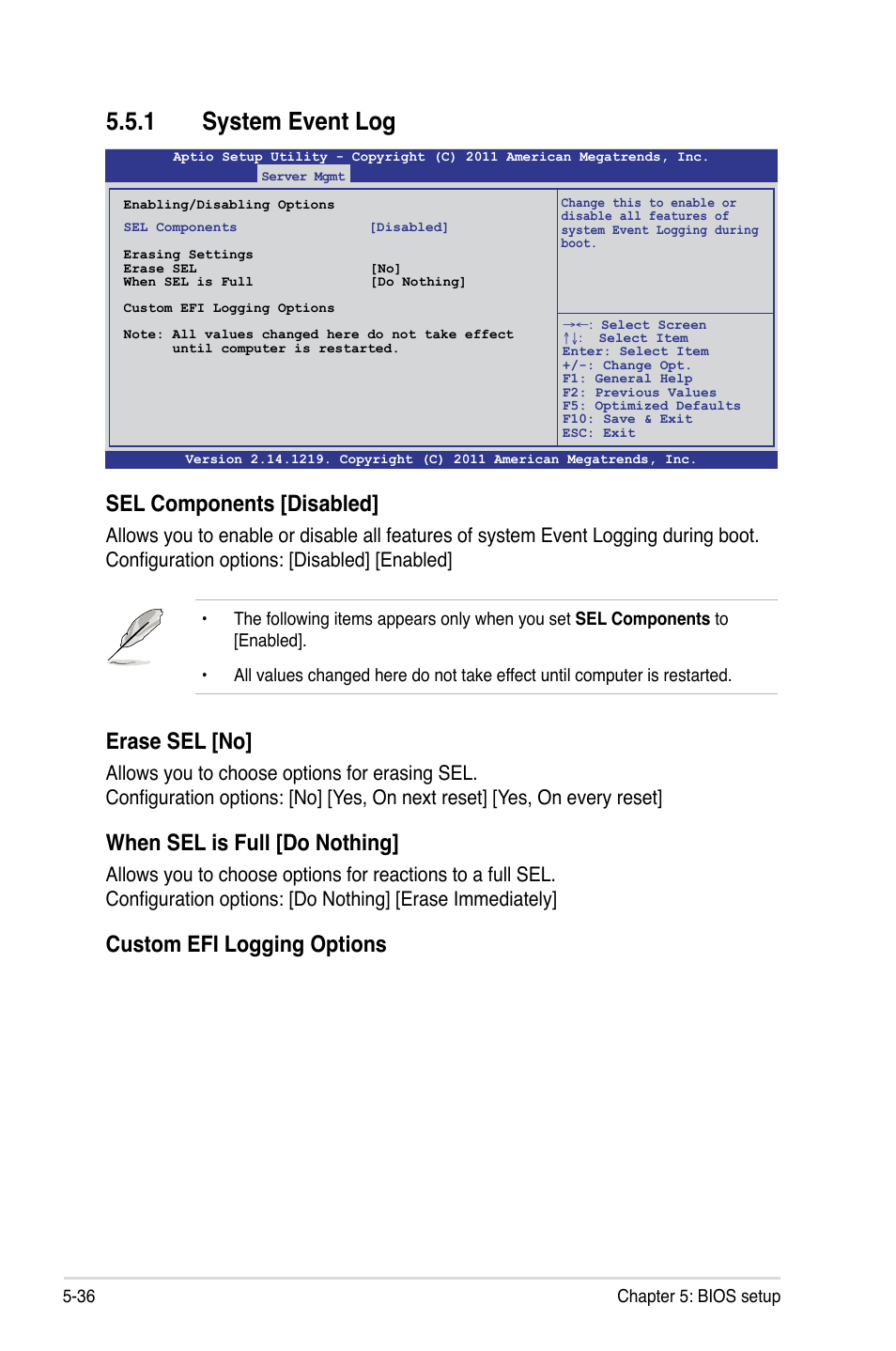 1 system event log, System event log -36, Sel components [disabled | Erase sel [no, When sel is full [do nothing, Custom efi logging options | Asus RS726Q-E7/RS12 User Manual | Page 108 / 202