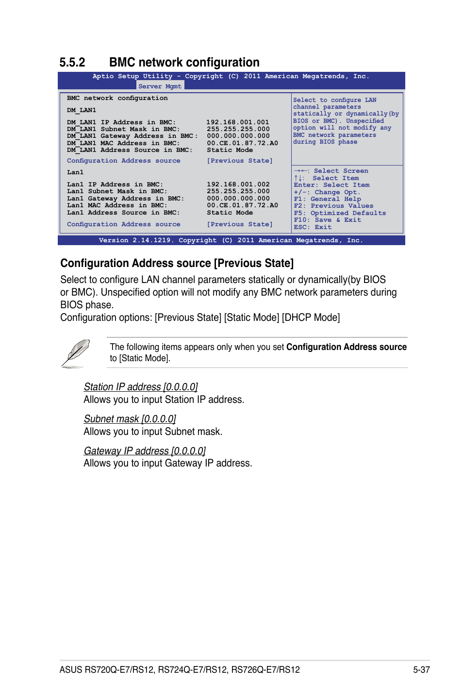 2 bmc network configuration, Bmc network configuration -37, Configuration address source [previous state | Asus RS726Q-E7/RS12 User Manual | Page 109 / 202