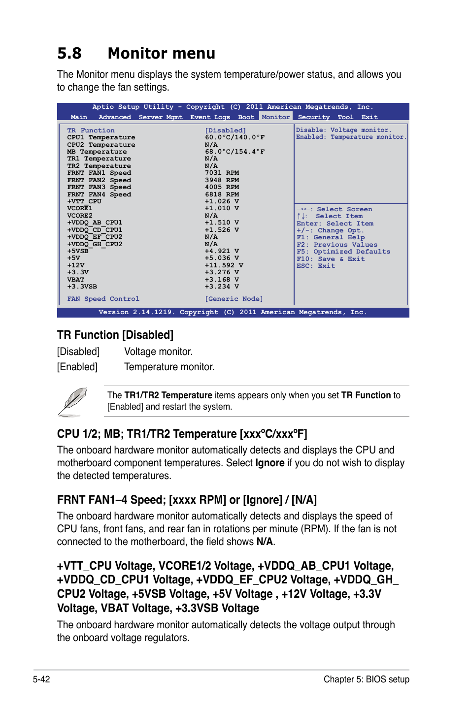 8 monitor menu, Monitor menu -42, Tr function [disabled | Cpu 1/2; mb; tr1/tr2 temperature [xxxºc/xxxºf | Asus RS726Q-E7/RS12 User Manual | Page 114 / 202