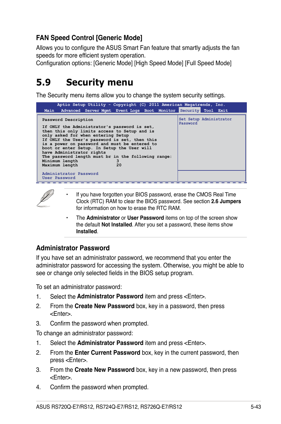 9 security menu, Security menu -43, Administrator password | Fan speed control [generic mode | Asus RS726Q-E7/RS12 User Manual | Page 115 / 202