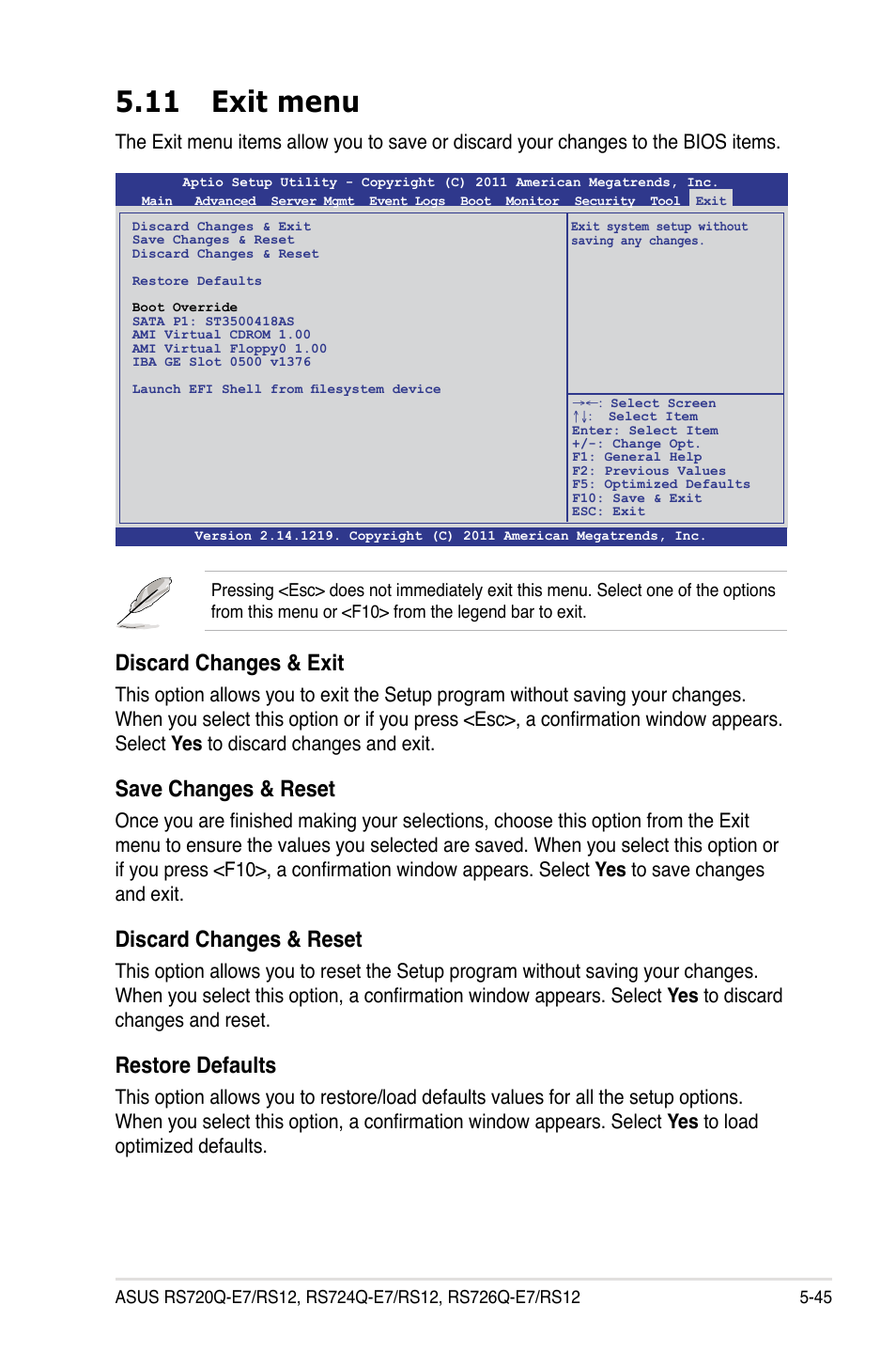 11 exit menu, 11 exit menu -45, Discard changes & exit | Save changes & reset, Discard changes & reset, Restore defaults | Asus RS726Q-E7/RS12 User Manual | Page 117 / 202