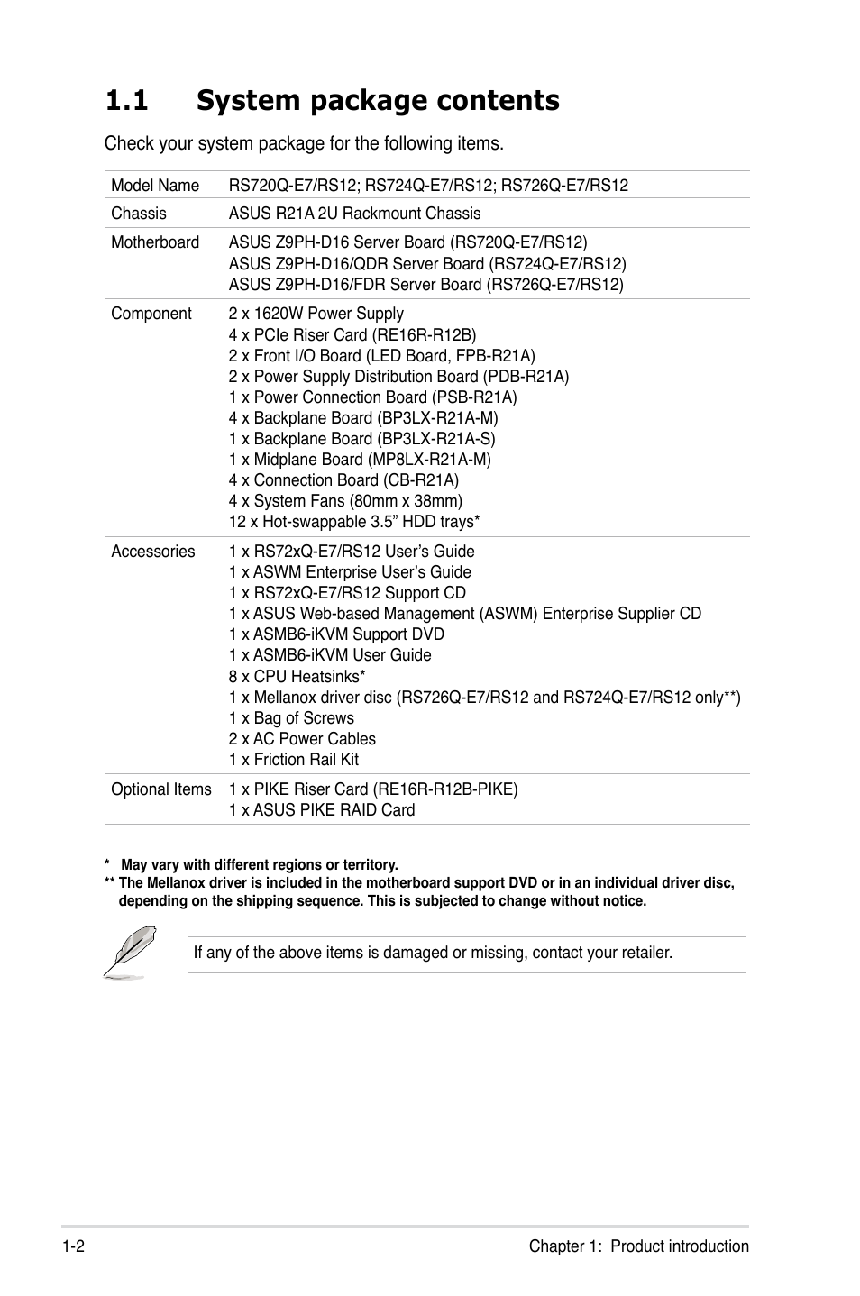 1 system package contents, System package contents -2 | Asus RS726Q-E7/RS12 User Manual | Page 12 / 202
