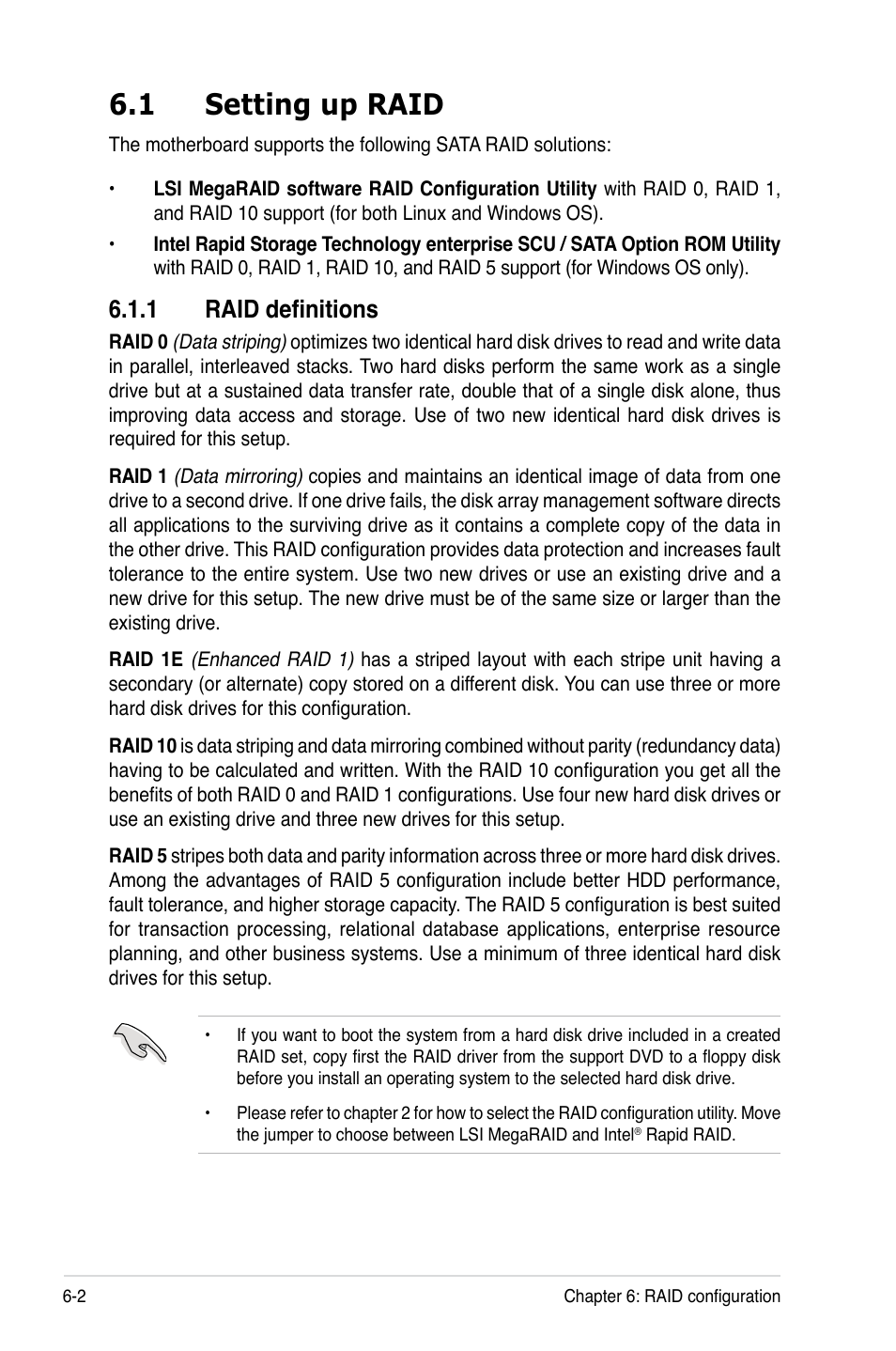 1 setting up raid, 1 raid definitions, Setting up raid -2 6.1.1 | Raid definitions -2 | Asus RS726Q-E7/RS12 User Manual | Page 120 / 202