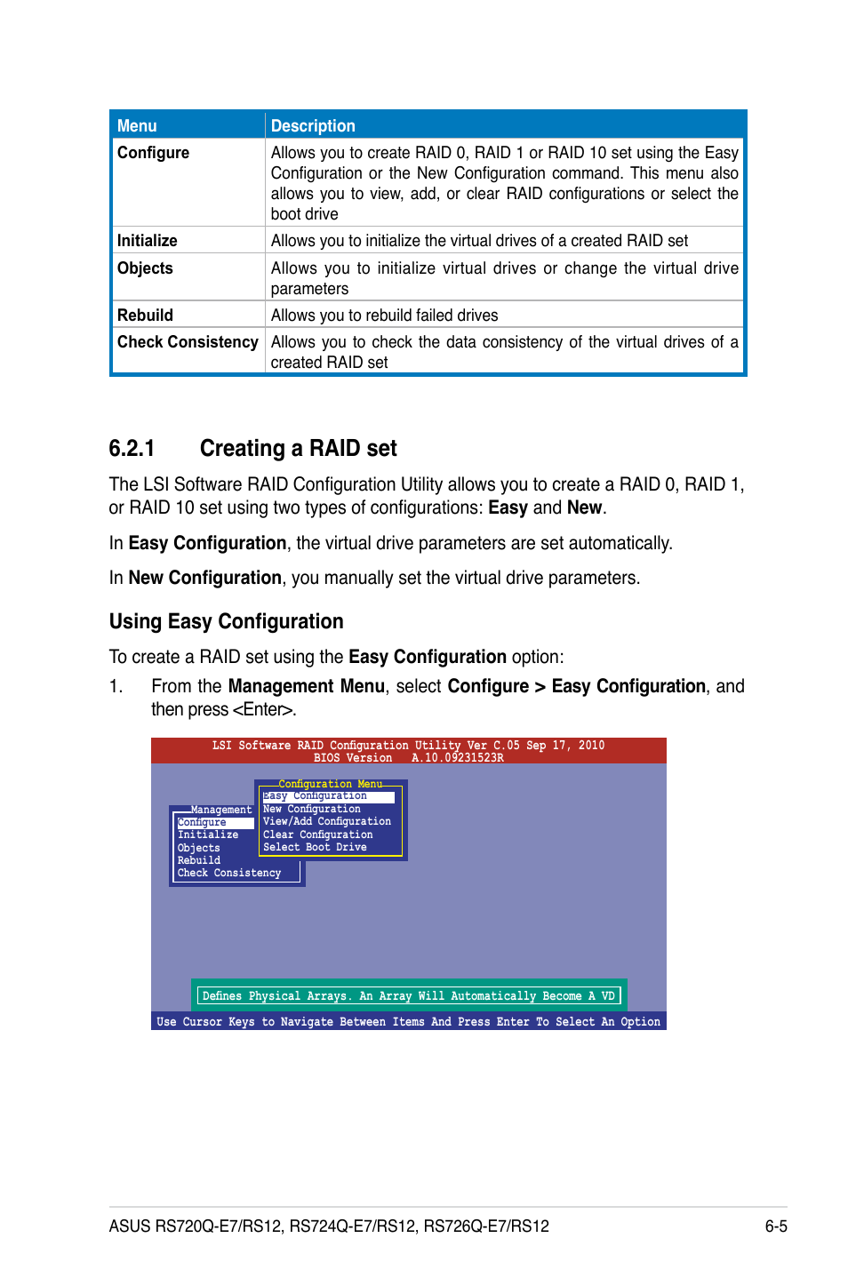 1 creating a raid set, Creating a raid set -5, Using easy configuration | Asus RS726Q-E7/RS12 User Manual | Page 123 / 202