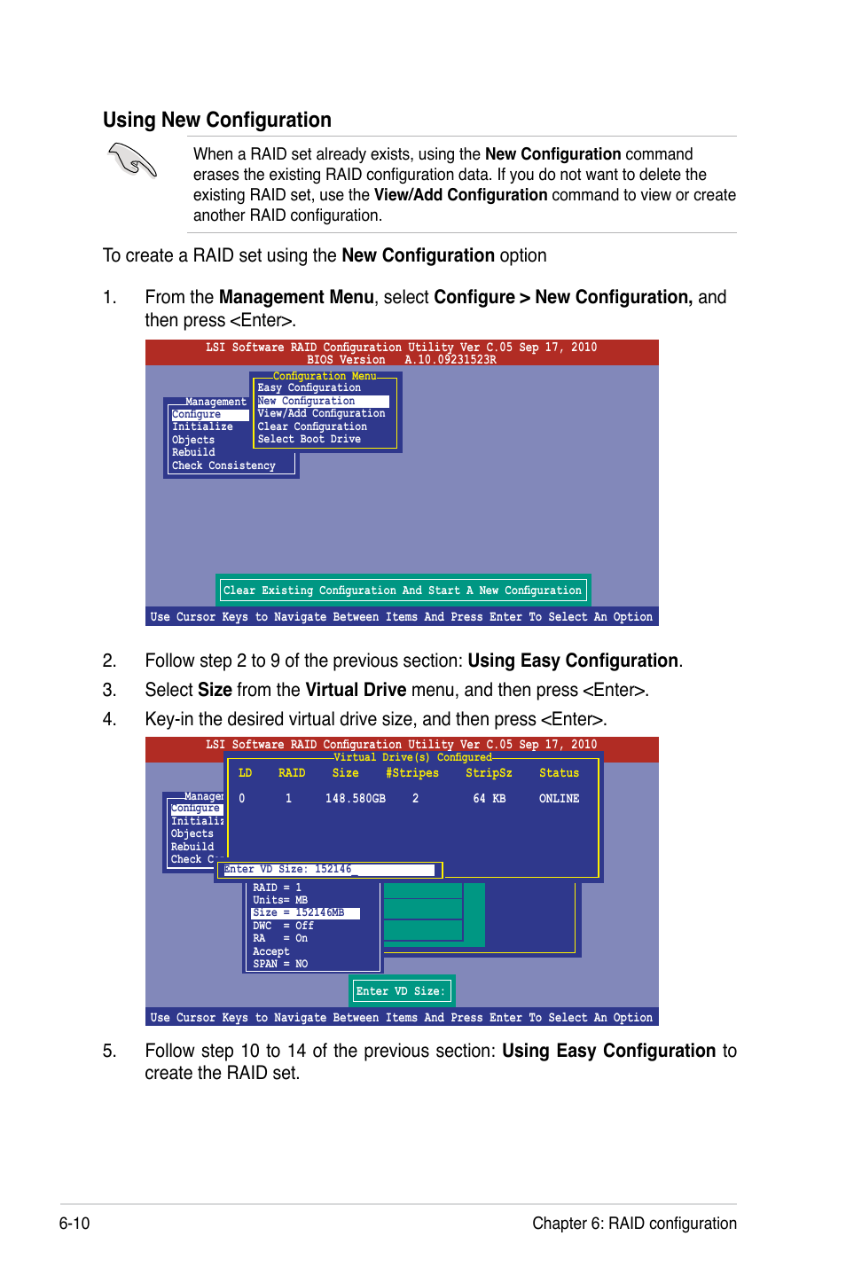 Using new configuration, 10 chapter 6: raid configuration | Asus RS726Q-E7/RS12 User Manual | Page 128 / 202