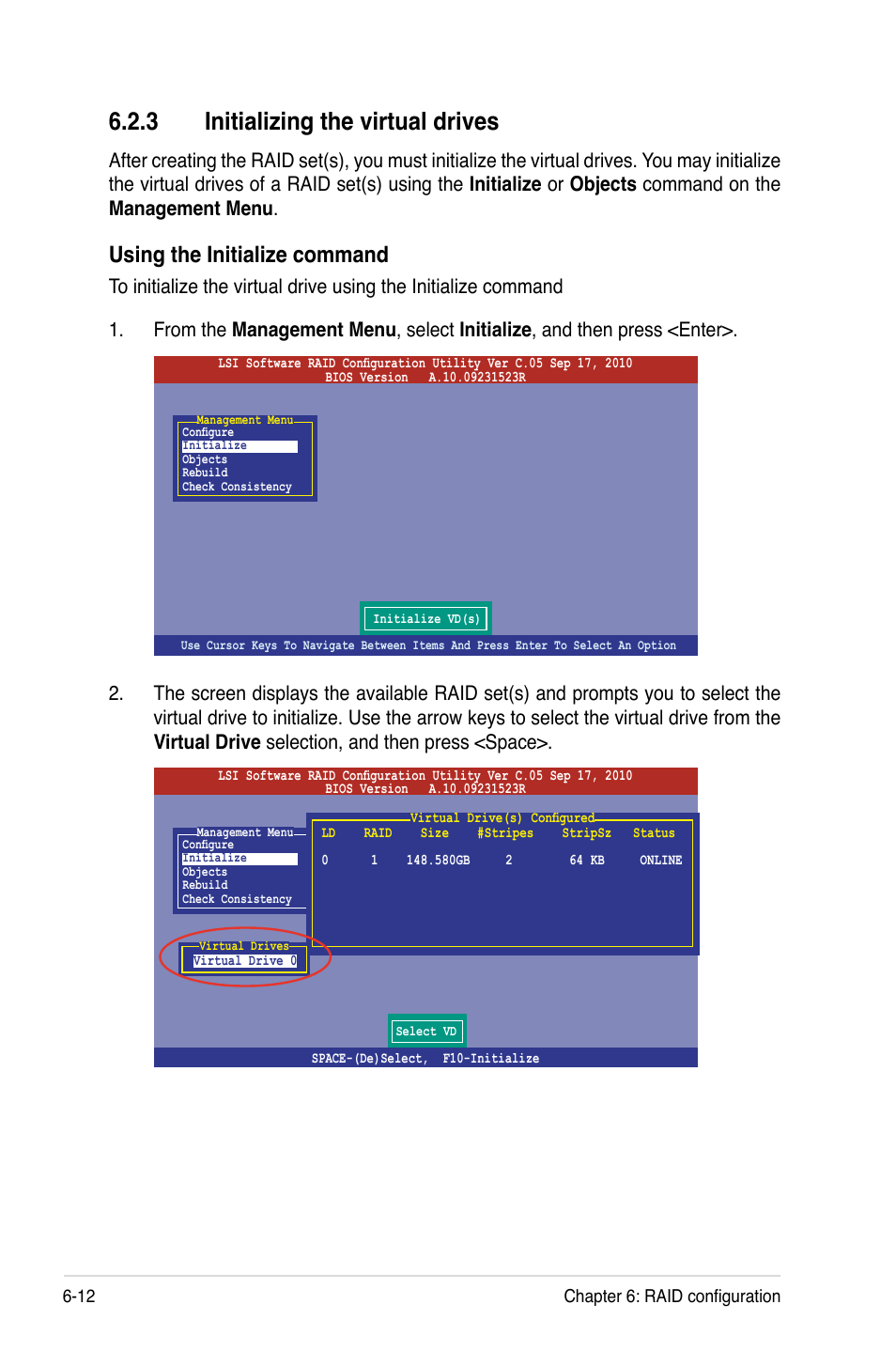 3 initializing the virtual drives, Initializing the virtual drives -12, Using the initialize command | Asus RS726Q-E7/RS12 User Manual | Page 130 / 202