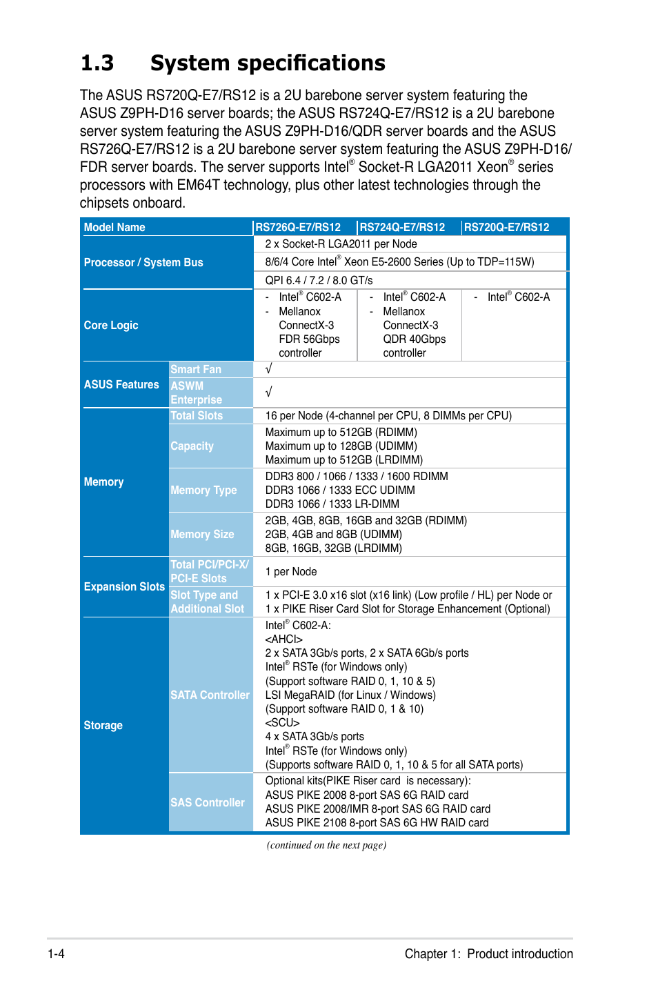 3 system specifications, System specifications -4, Socket-r lga2011 xeon | Asus RS726Q-E7/RS12 User Manual | Page 14 / 202