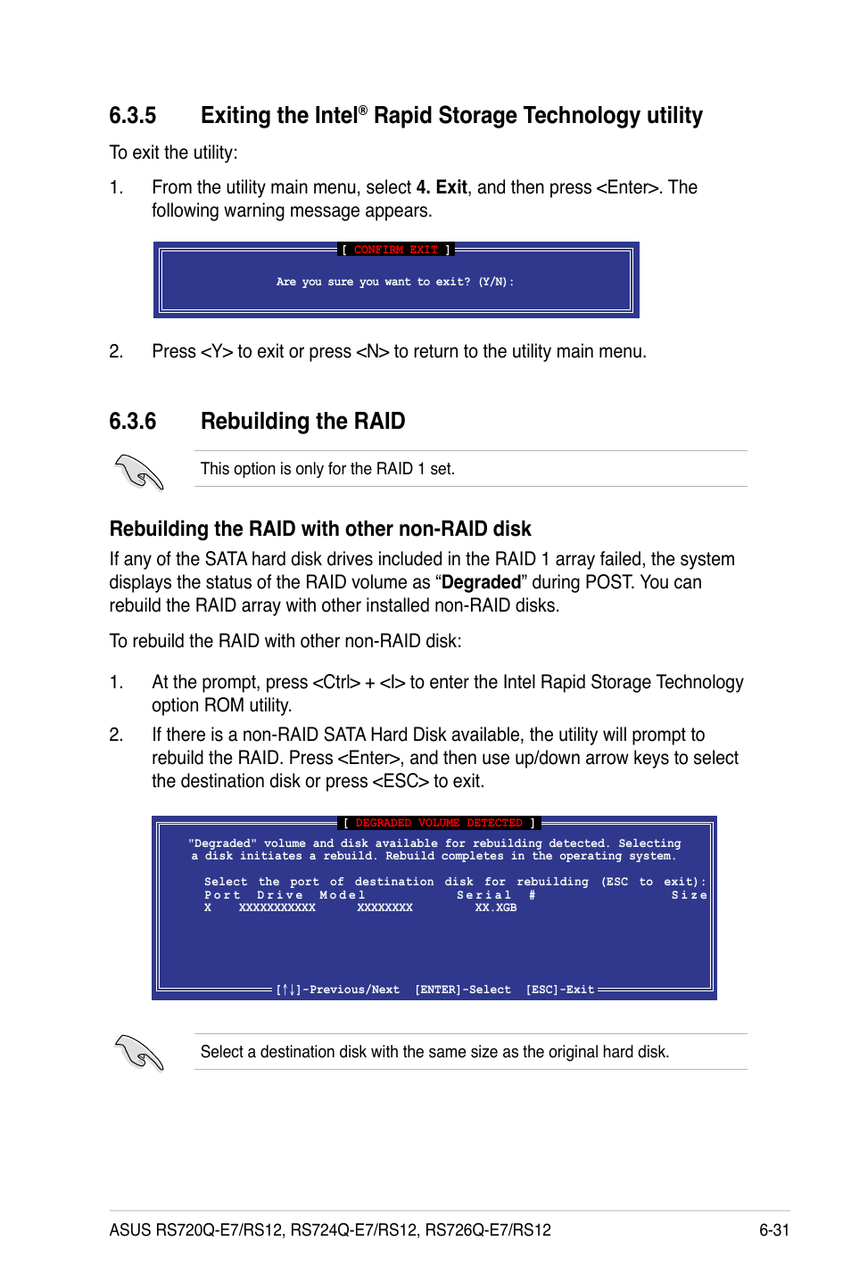 6 rebuilding the raid, Exiting the intel, Rapid storage technology utility -31 | Rebuilding the raid -31, 5 exiting the intel, Rapid storage technology utility, Rebuilding the raid with other non-raid disk | Asus RS726Q-E7/RS12 User Manual | Page 149 / 202