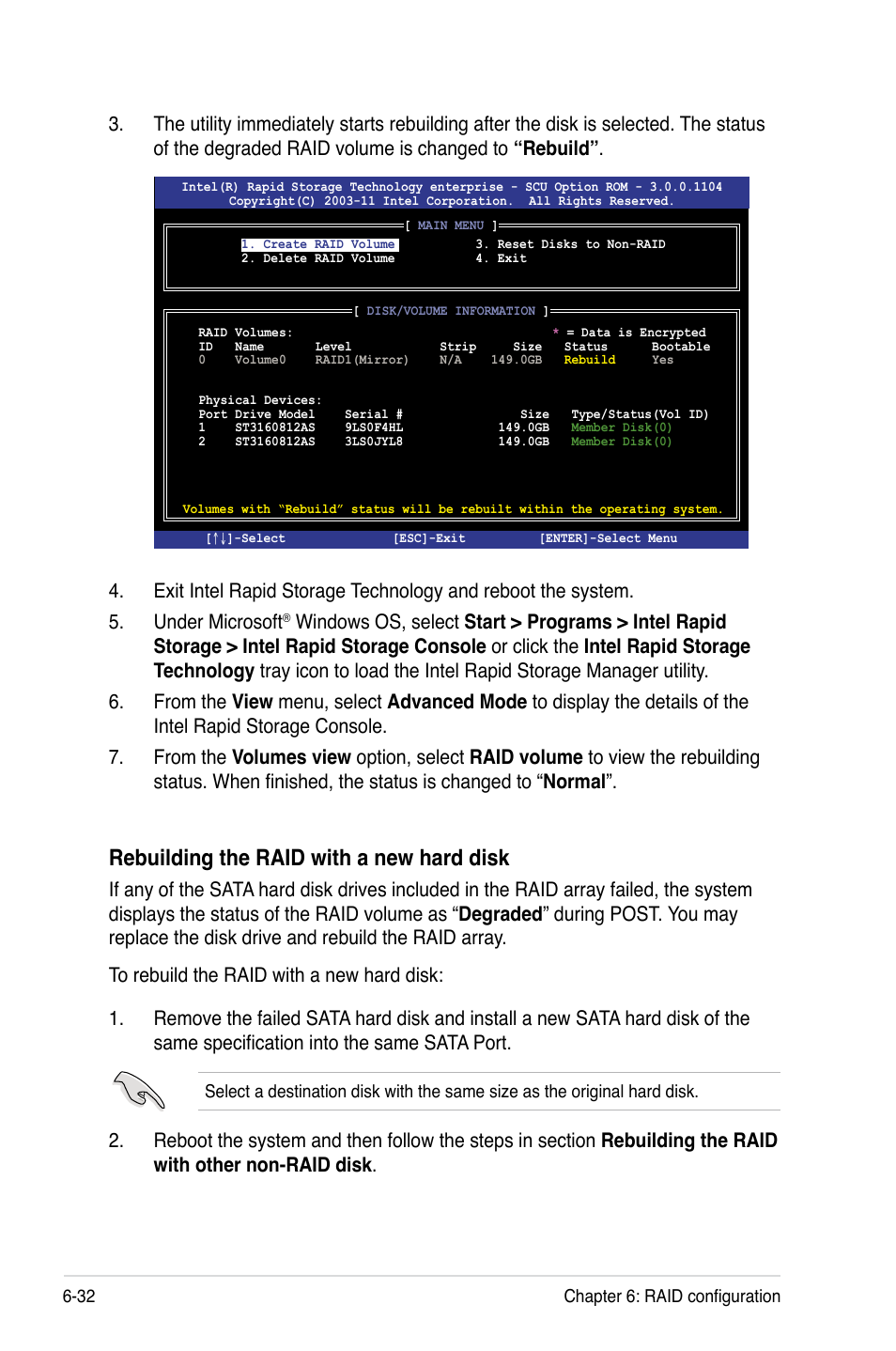 Rebuilding the raid with a new hard disk | Asus RS726Q-E7/RS12 User Manual | Page 150 / 202