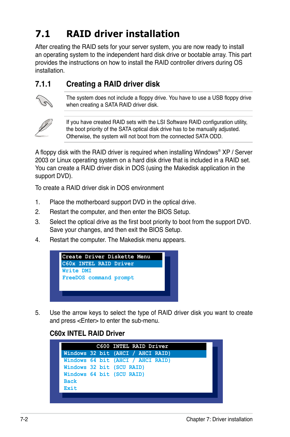 1 raid driver installation, 1 creating a raid driver disk, Raid driver installation -2 7.1.1 | Creating a raid driver disk -2 | Asus RS726Q-E7/RS12 User Manual | Page 160 / 202