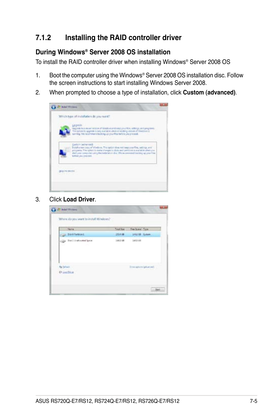 2 installing the raid controller driver, Installing the raid controller driver -5, During windows | Server 2008 os installation | Asus RS726Q-E7/RS12 User Manual | Page 163 / 202