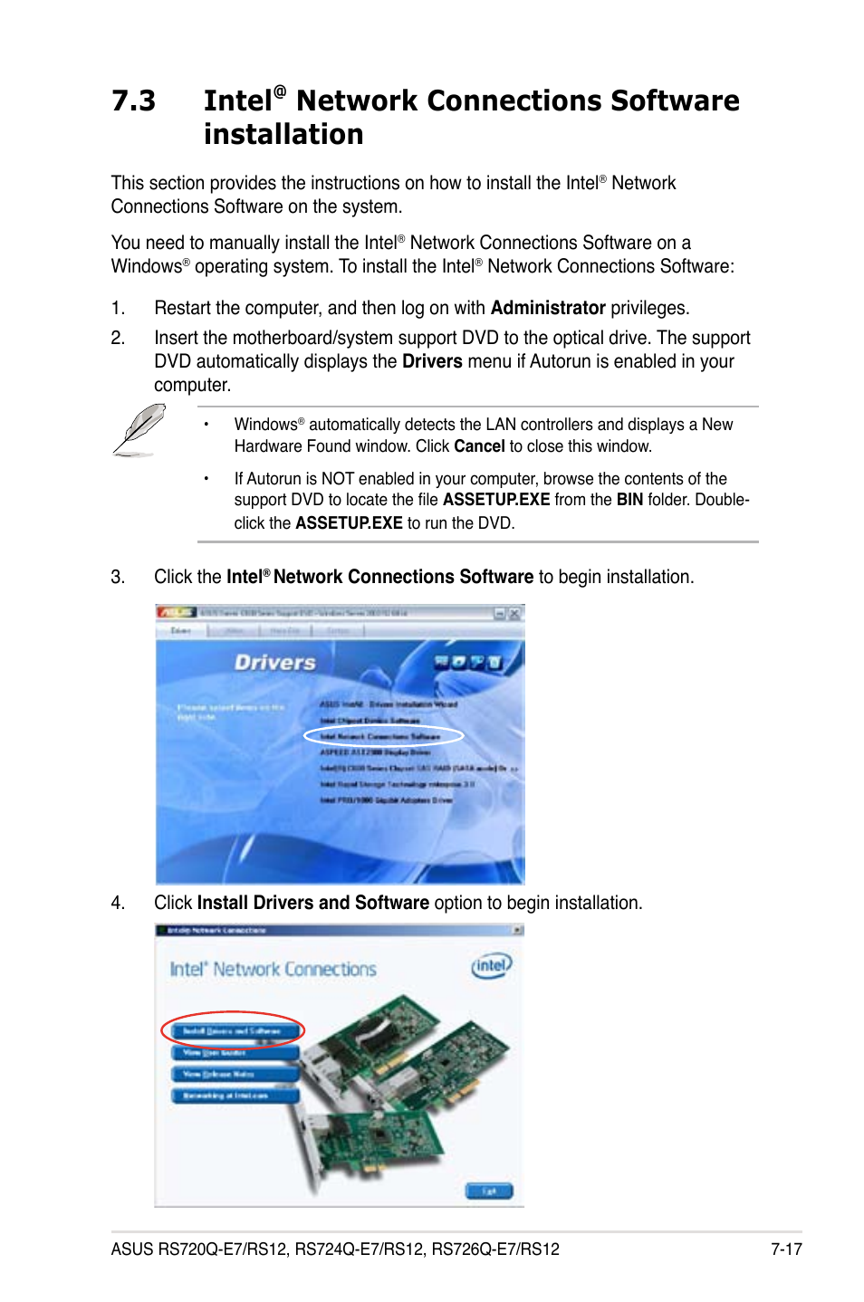 Intel, Network connections software installation -17, 3 intel | Network connections software installation | Asus RS726Q-E7/RS12 User Manual | Page 175 / 202