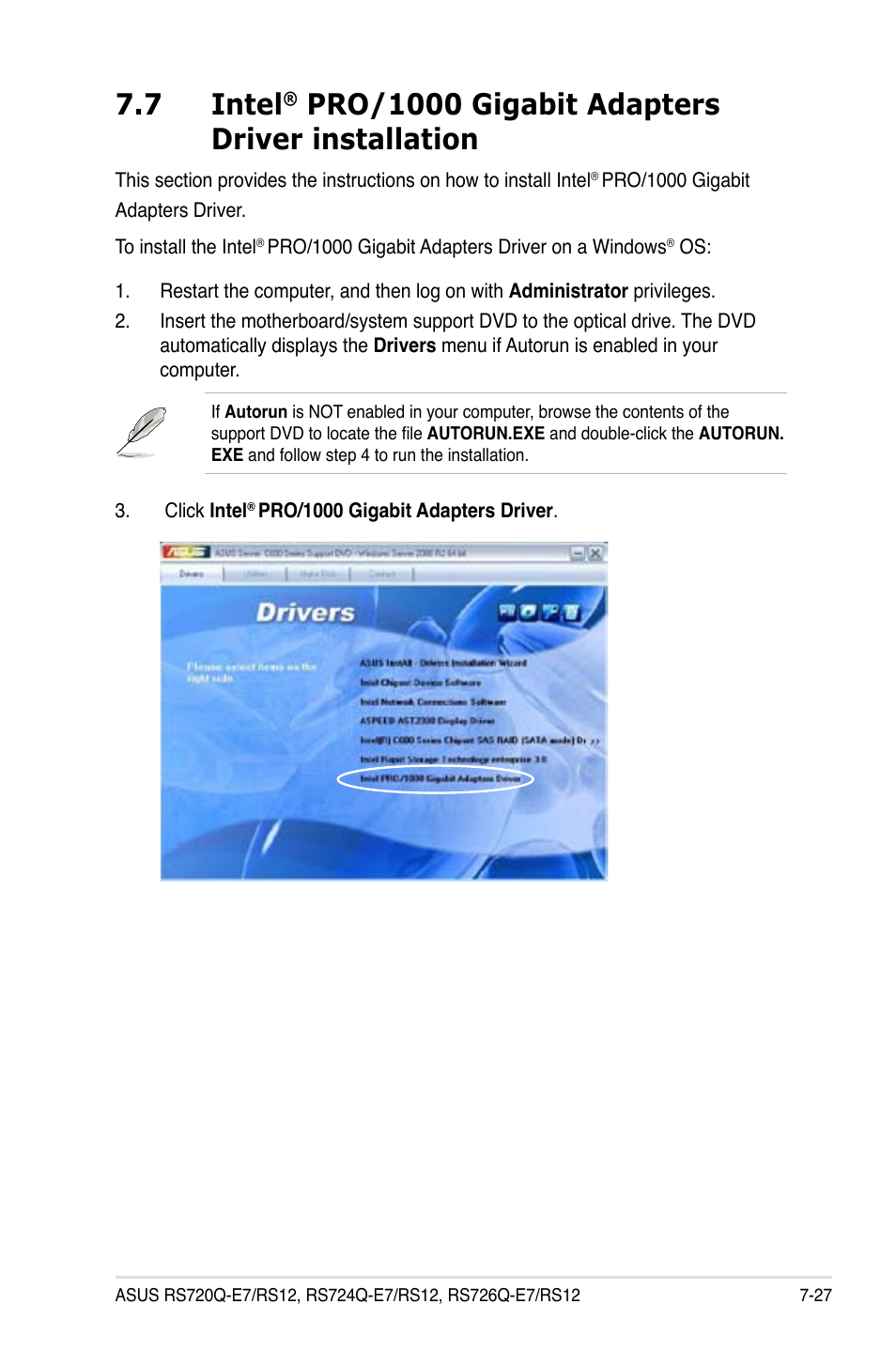 Intel, Pro/1000 gigabit adapters driver installation -27, 7 intel | Pro/1000 gigabit adapters driver installation | Asus RS726Q-E7/RS12 User Manual | Page 185 / 202
