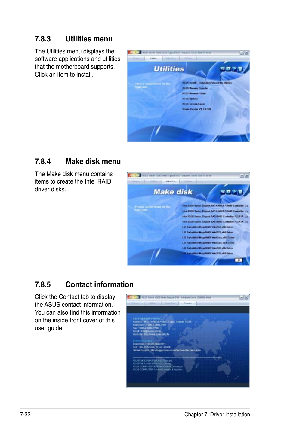 3 utilities menu, 4 make disk menu, 5 contact information | Utilities menu -32, Make disk menu -32, Contact information -32 | Asus RS726Q-E7/RS12 User Manual | Page 190 / 202