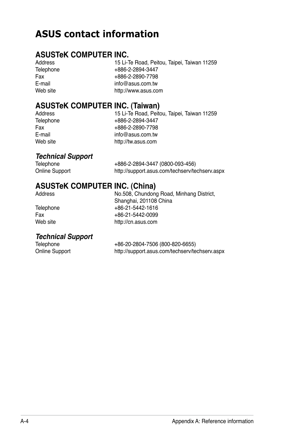 Asus contact information, Asustek computer inc, Asustek computer inc. (taiwan) | Asustek computer inc. (china), Technical support | Asus RS726Q-E7/RS12 User Manual | Page 200 / 202