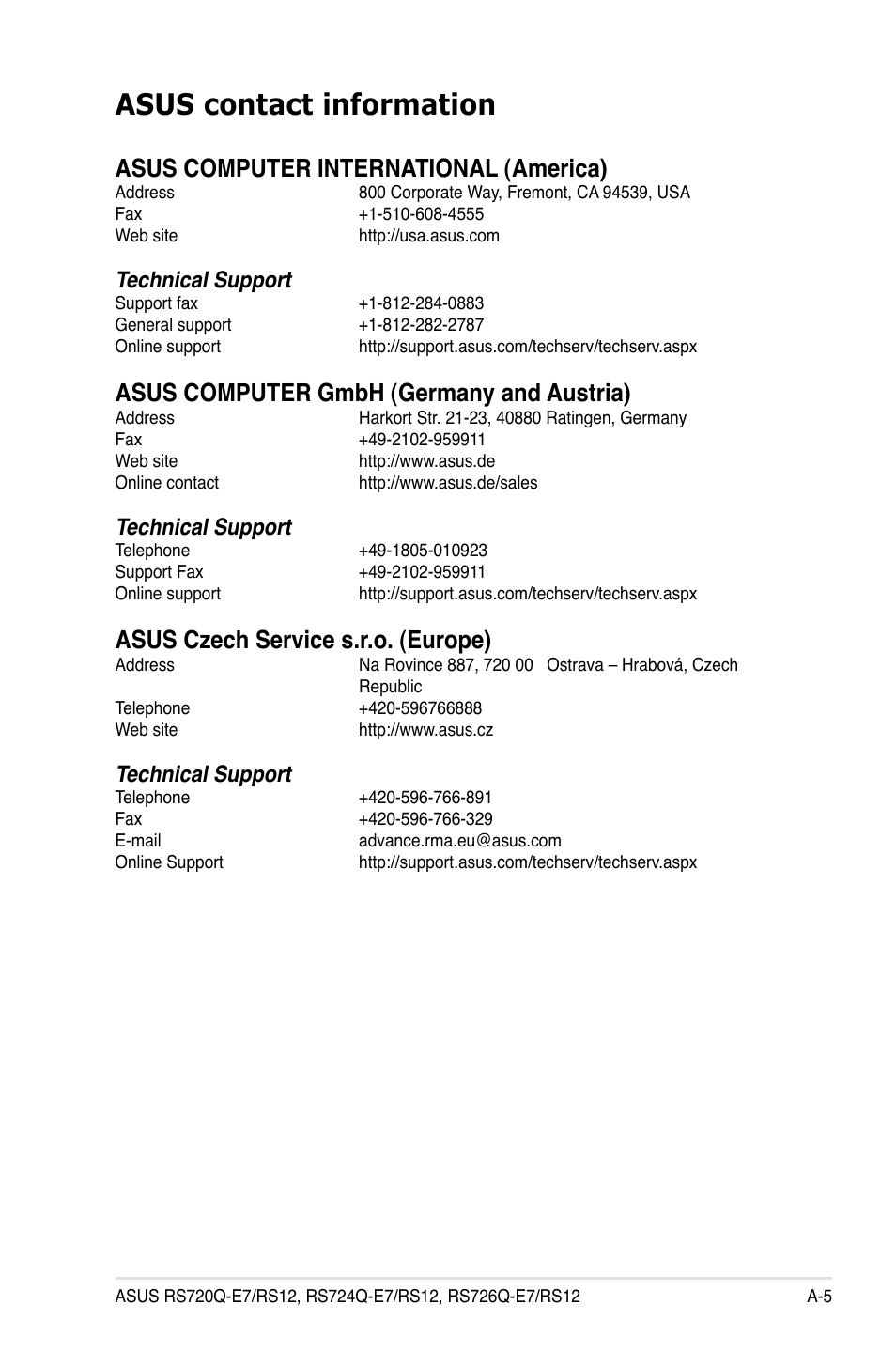 Asus contact information, Asus computer international (america), Asus computer gmbh (germany and austria) | Asus czech service s.r.o. (europe), Technical support | Asus RS726Q-E7/RS12 User Manual | Page 201 / 202
