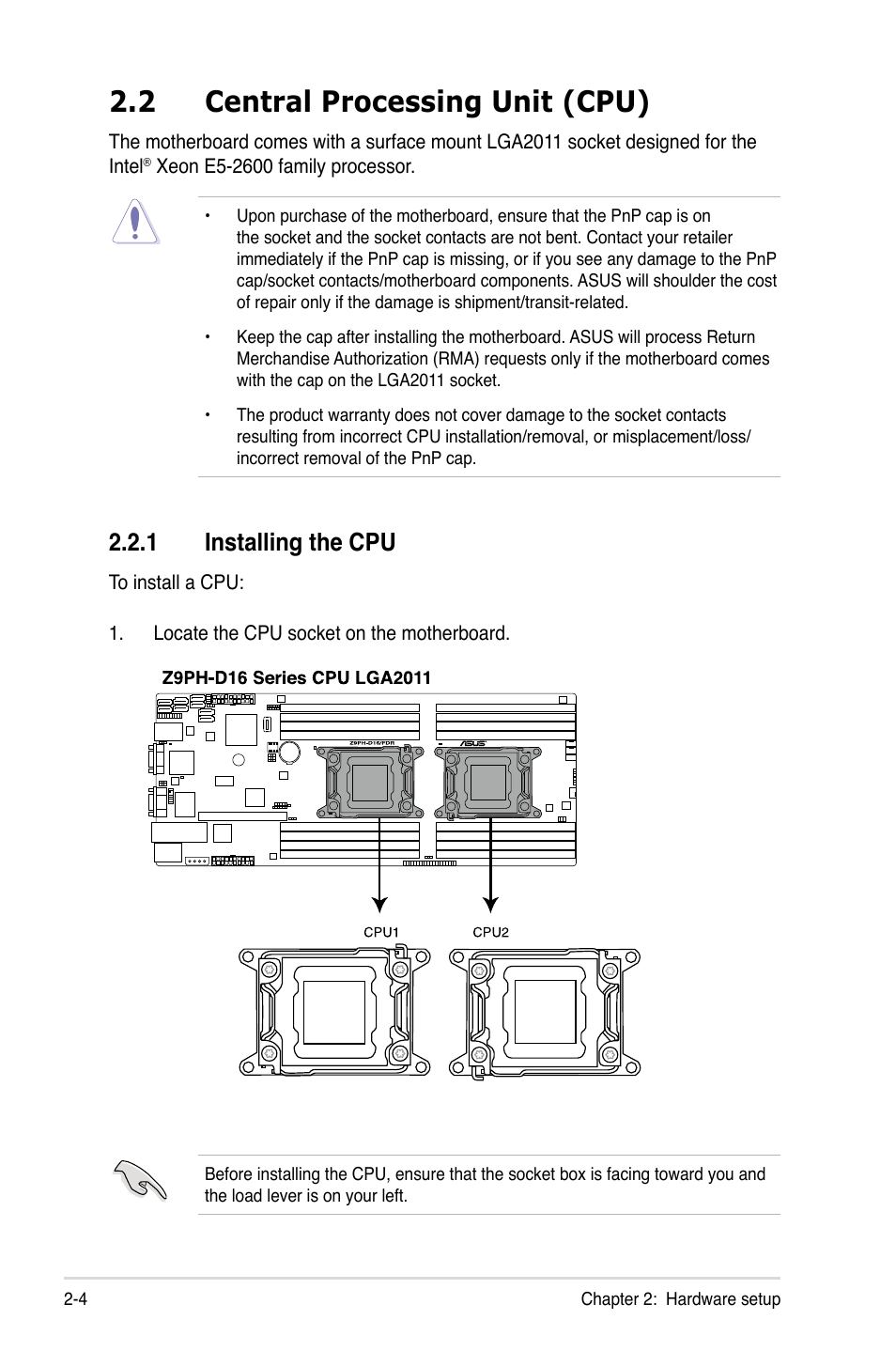 2 central processing unit (cpu), 1 installing the cpu, Central processing unit (cpu) -4 2.2.1 | Installing the cpu -4 | Asus RS726Q-E7/RS12 User Manual | Page 24 / 202