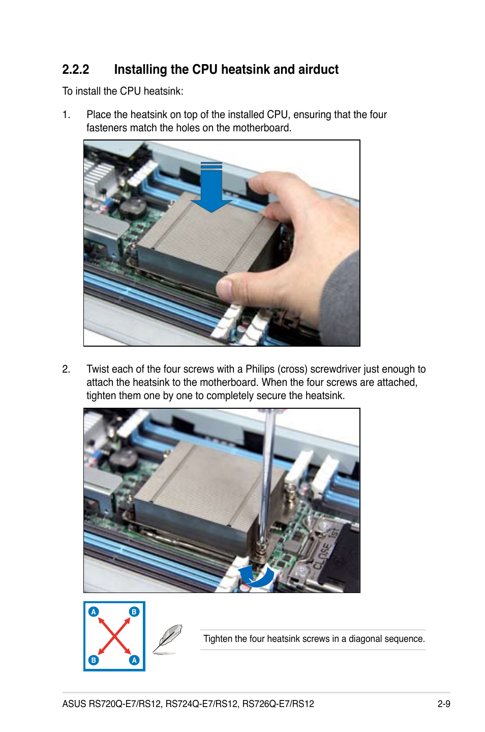 2 installing the cpu heatsink and airduct, Installing the cpu heatsink and airduct -9 | Asus RS726Q-E7/RS12 User Manual | Page 29 / 202