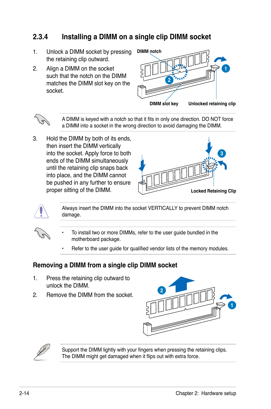 4 installing a dimm on a single clip dimm socket, Installing a dimm on a single clip dimm socket -14, Removing a dimm from a single clip dimm socket | Asus RS726Q-E7/RS12 User Manual | Page 34 / 202