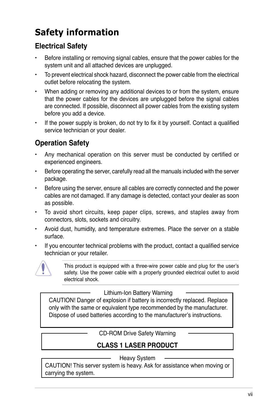 Safety information, Electrical safety, Operation safety | Asus RS726Q-E7/RS12 User Manual | Page 7 / 202