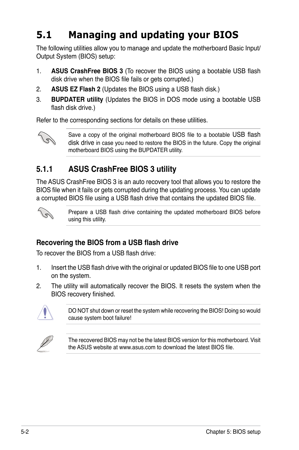 1 managing and updating your bios, 1 asus crashfree bios 3 utility, Managing and updating your bios -2 5.1.1 | Asus crashfree bios 3 utility -2 | Asus RS726Q-E7/RS12 User Manual | Page 74 / 202