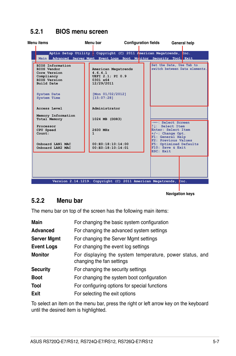 1 bios menu screen, 2 menu bar, Bios menu screen -7 | Menu bar -7 | Asus RS726Q-E7/RS12 User Manual | Page 79 / 202