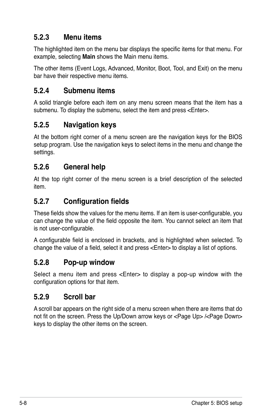 3 menu items, 4 submenu items, 5 navigation keys | 6 general help, 7 configuration fields, 8 pop-up window, 9 scroll bar, Menu items -8, Submenu items -8, Navigation keys -8 | Asus RS726Q-E7/RS12 User Manual | Page 80 / 202